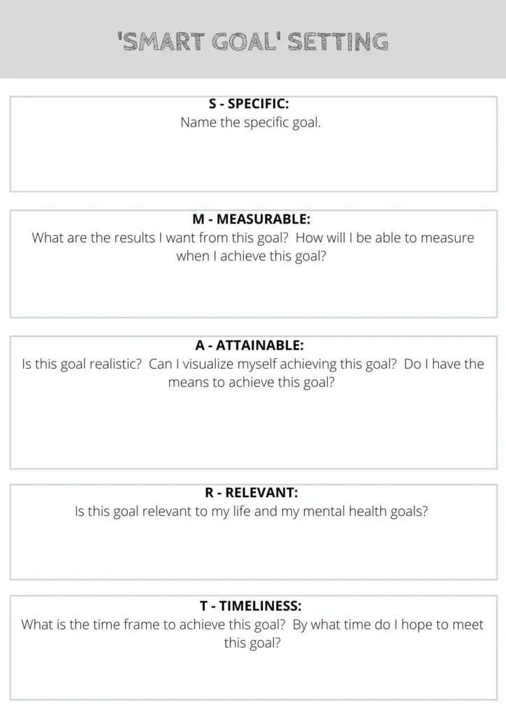 SMART goal setting worksheet with five labeled sections