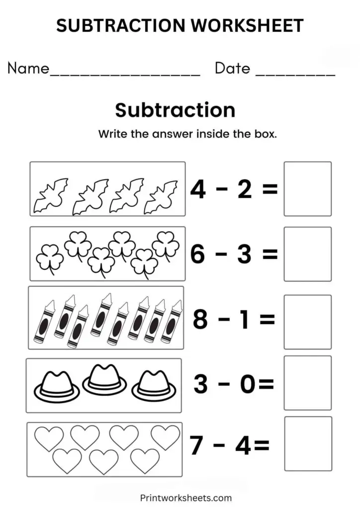 Subtraction worksheet with picture problems and answer boxes
