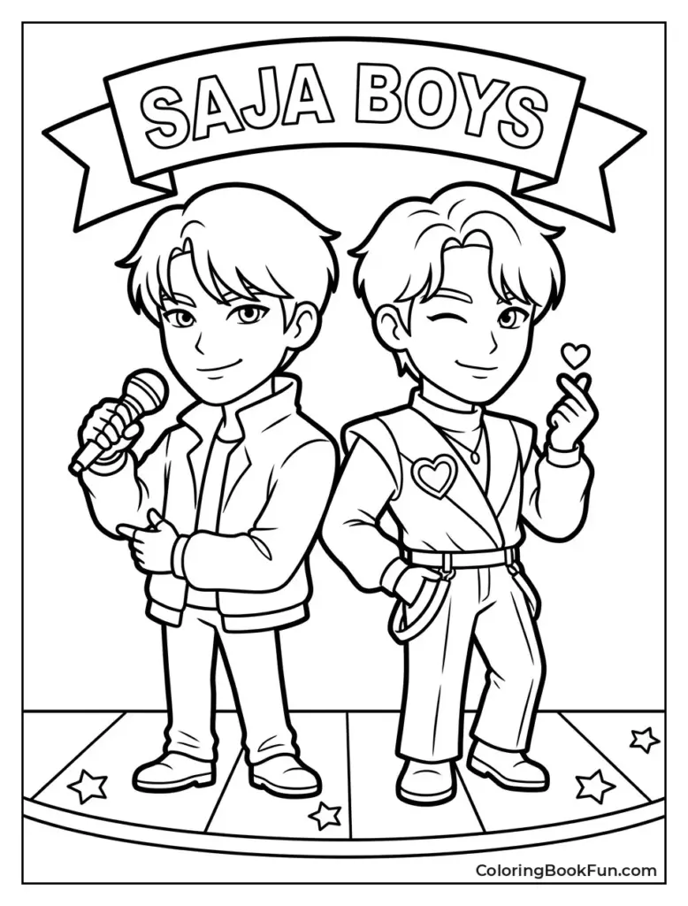 Two cartoon boys on stage under banner