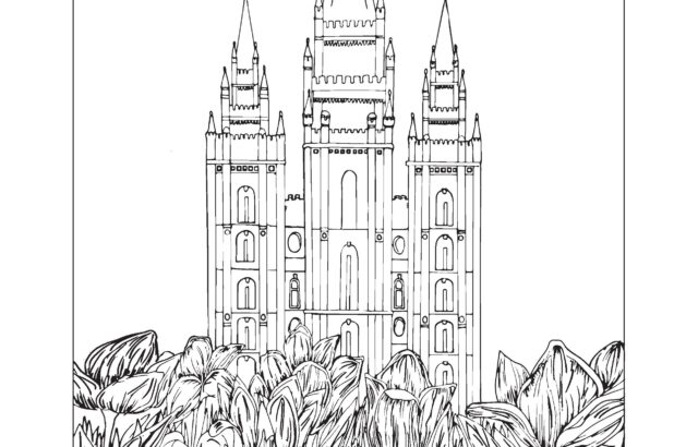 Line drawing of temple behind tulips, book cover text