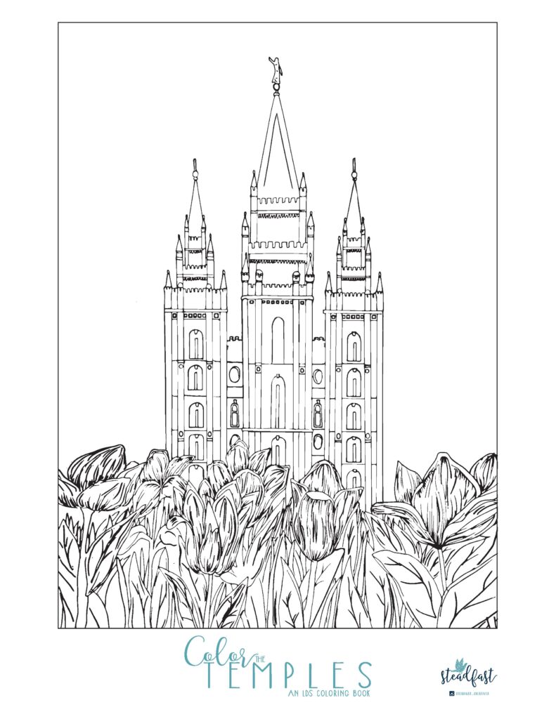 Line drawing of temple behind tulips, book cover text
