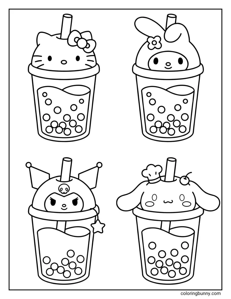Four cartoon character bubble tea cups on white page
