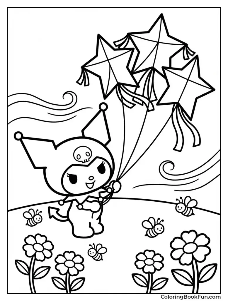 Kuromi holding star balloons above flowers and bees