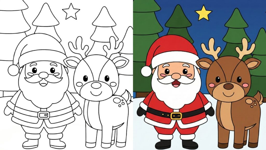 Santa and reindeer coloring page side-by-side drawing