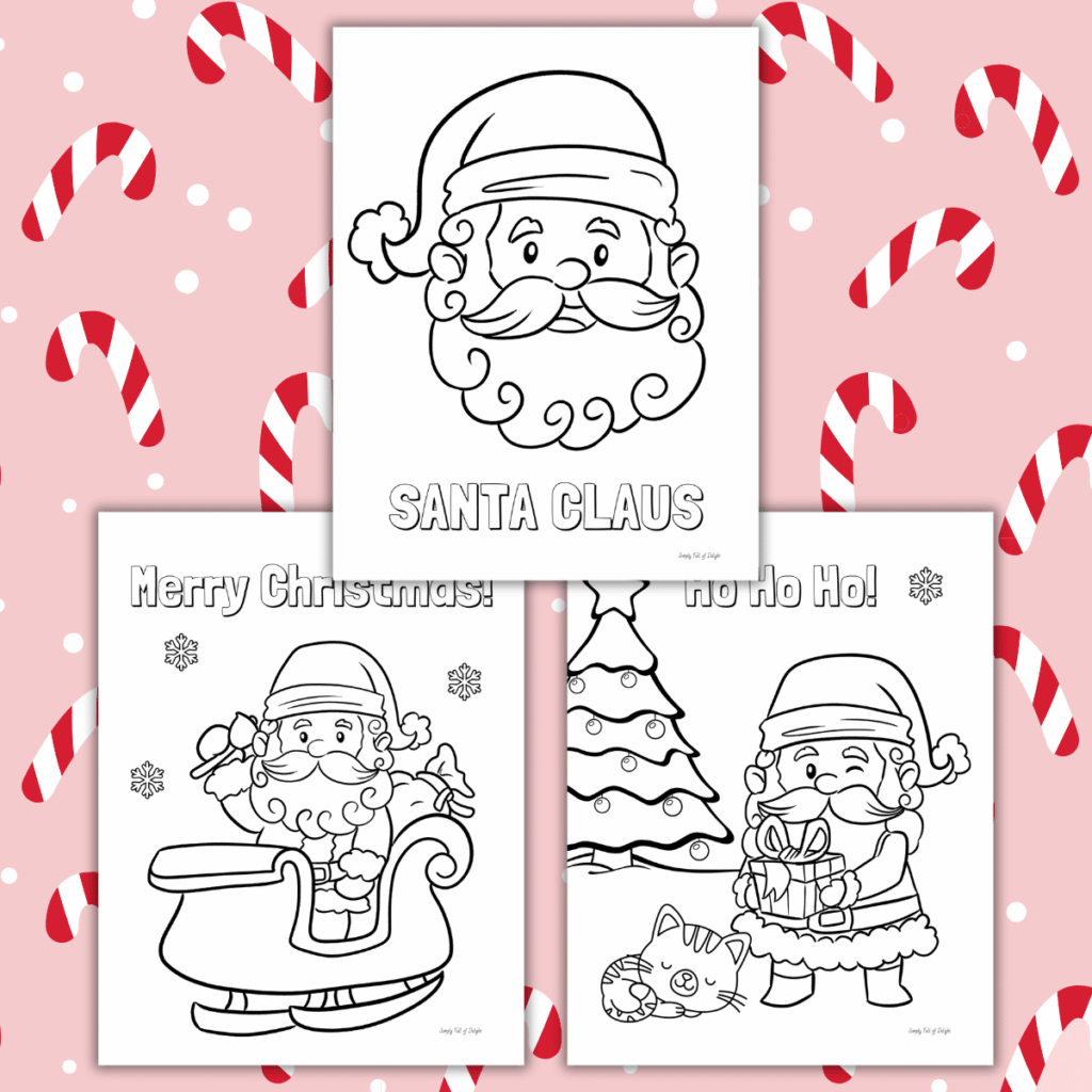 Three Santa Claus coloring pages on pink candy-cane background
