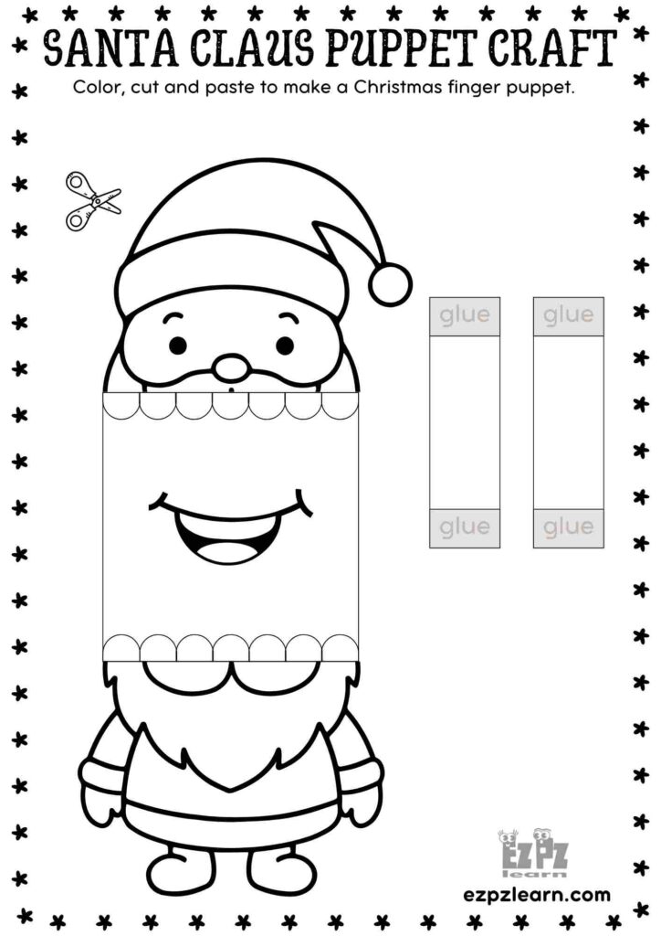 Santa Claus puppet craft worksheet with cutout pieces and glue tabs