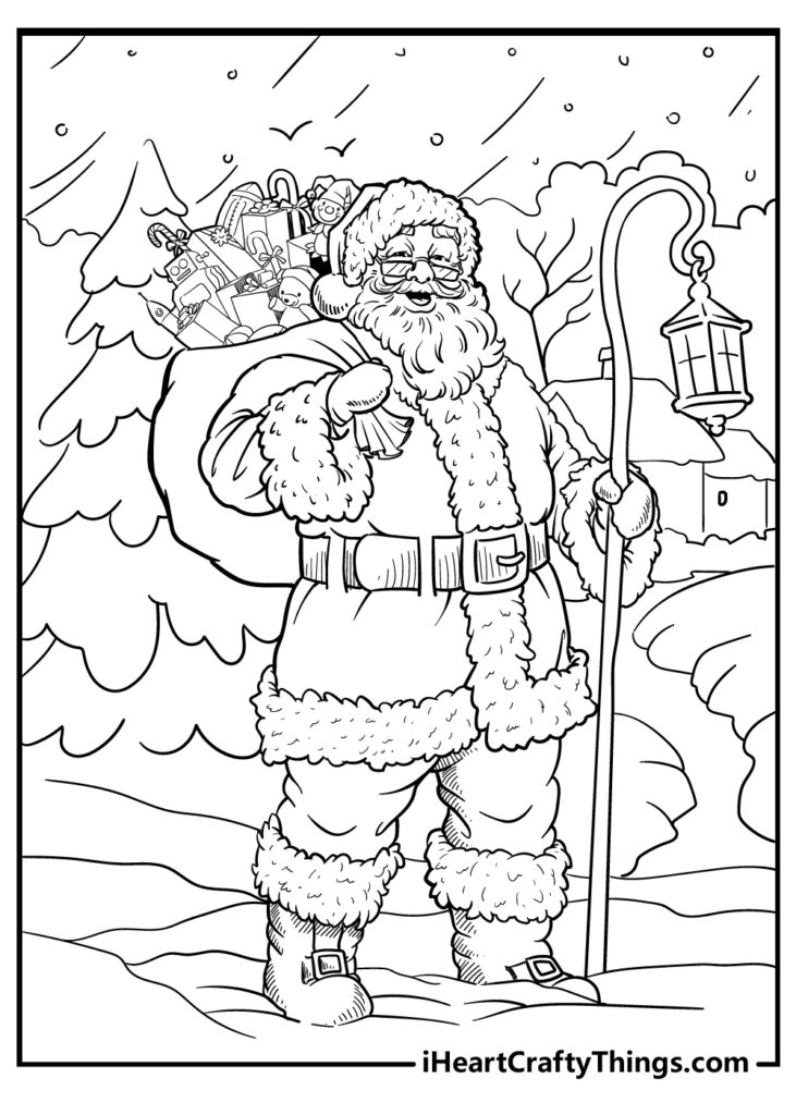 Santa carrying sack of gifts, holding lantern in snowy scene