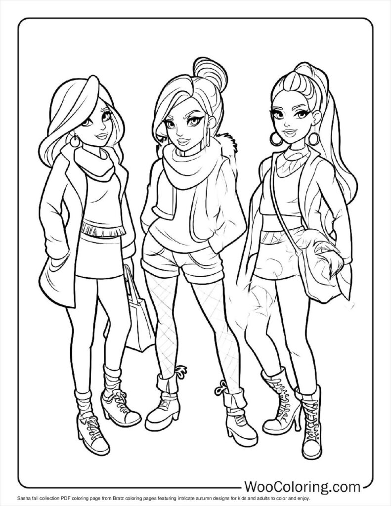 Black-and-white coloring page of three fashion girls standing together