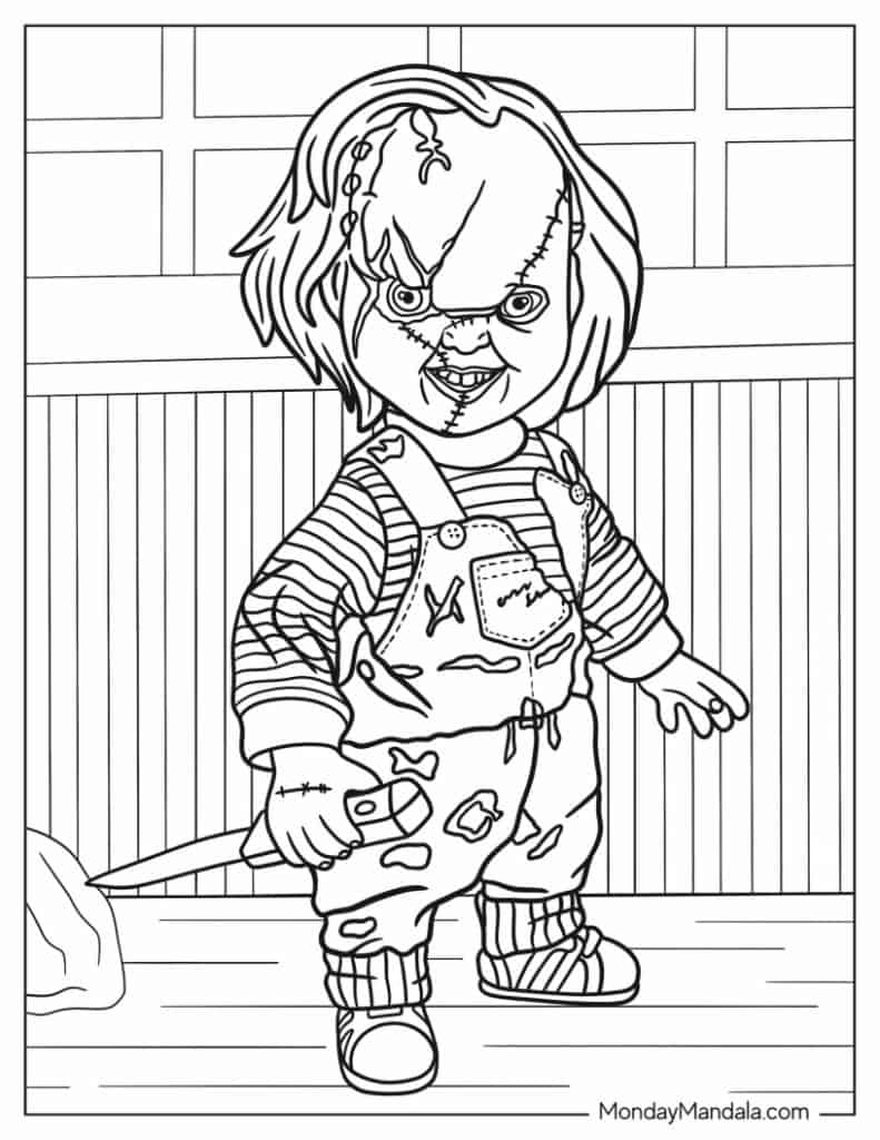 Black-and-white coloring page of Chucky holding a knife