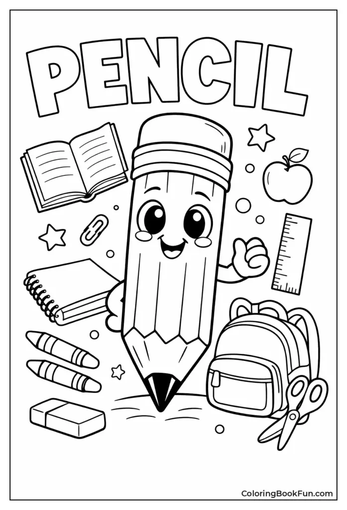 Cartoon pencil with school supplies and “PENCIL” text