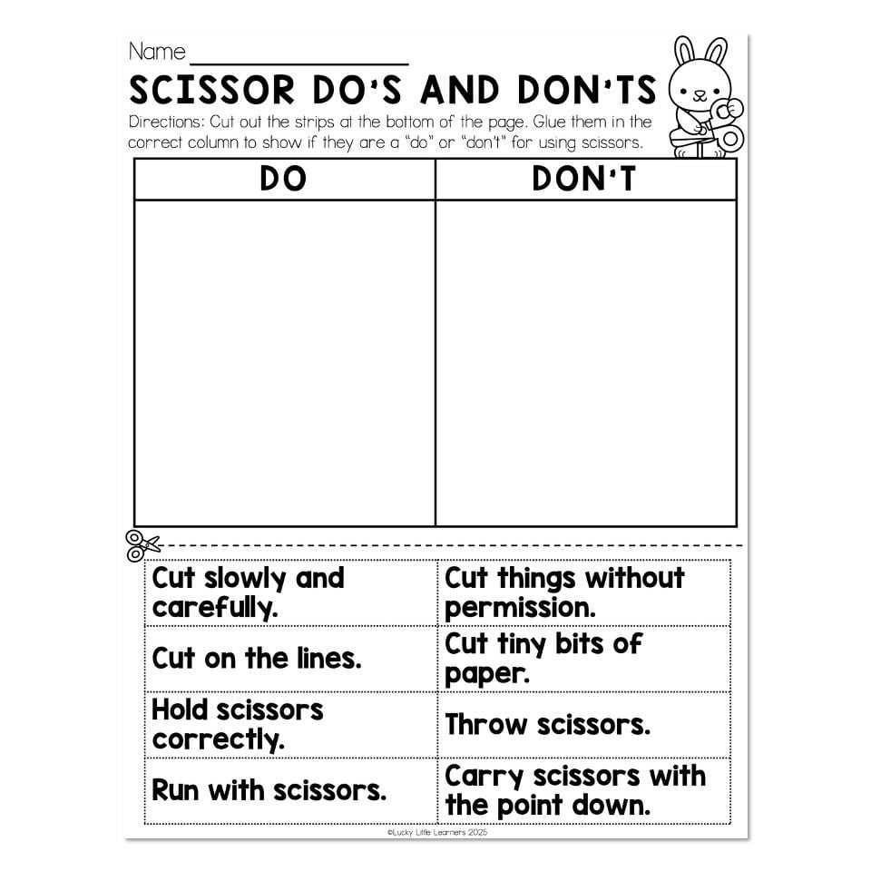 Scissor safety worksheet with do and don’t columns
