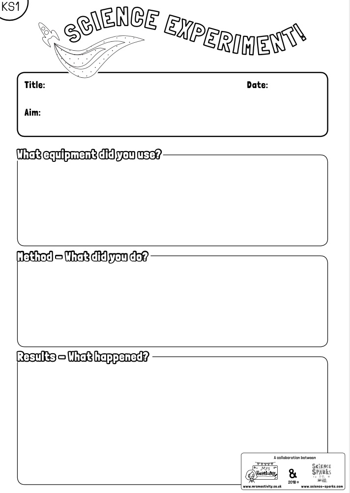 Blank science experiment worksheet template with labeled boxes