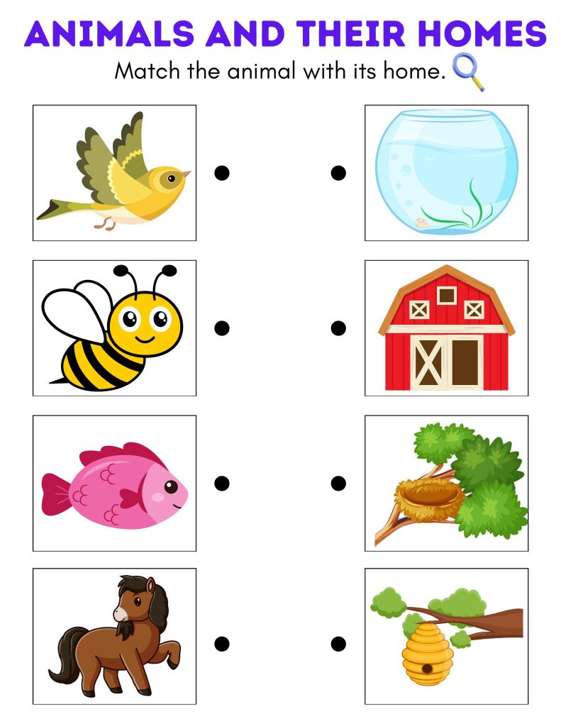 Animal matching worksheet with bird, bee, fish, horse, homes