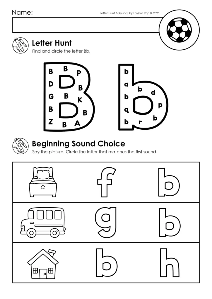 Black-and-white letter B worksheet with pictures and choices