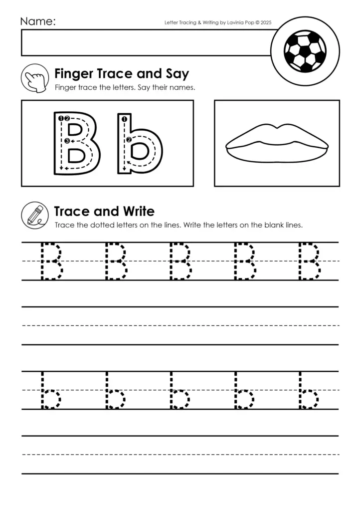 Letter tracing worksheet with B and b, lips, soccer ball