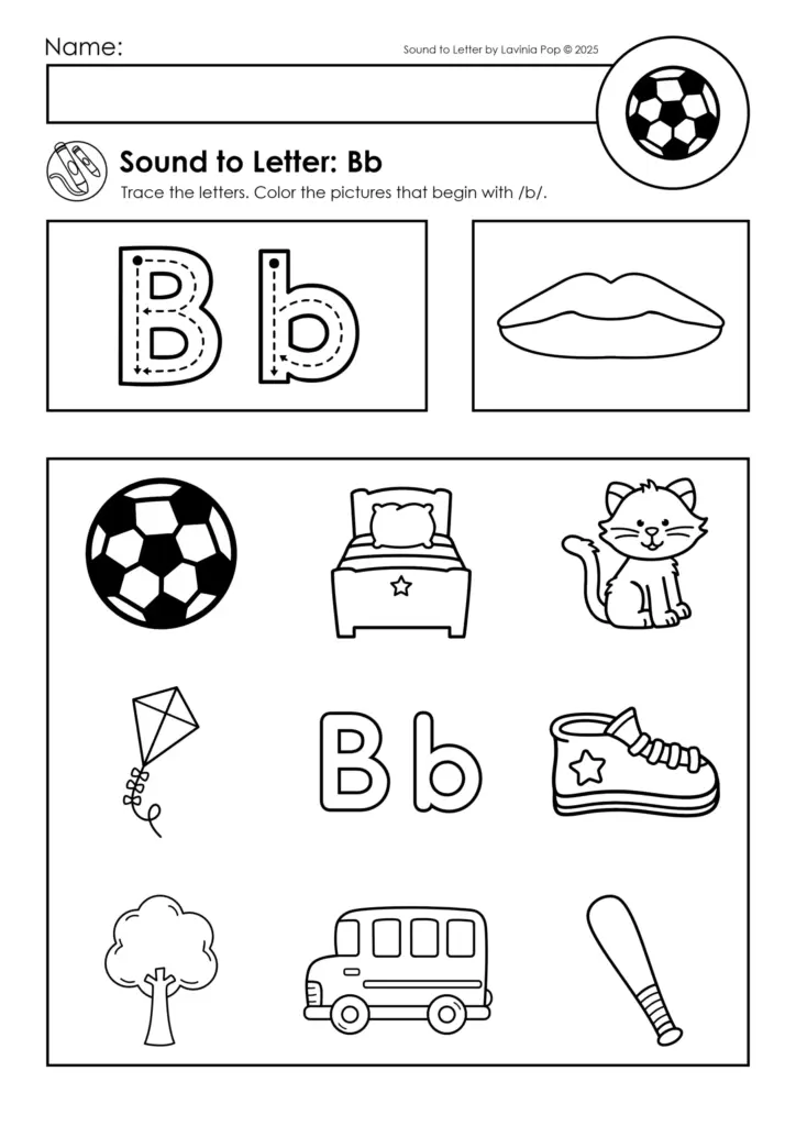 Black-and-white letter B tracing worksheet with pictures