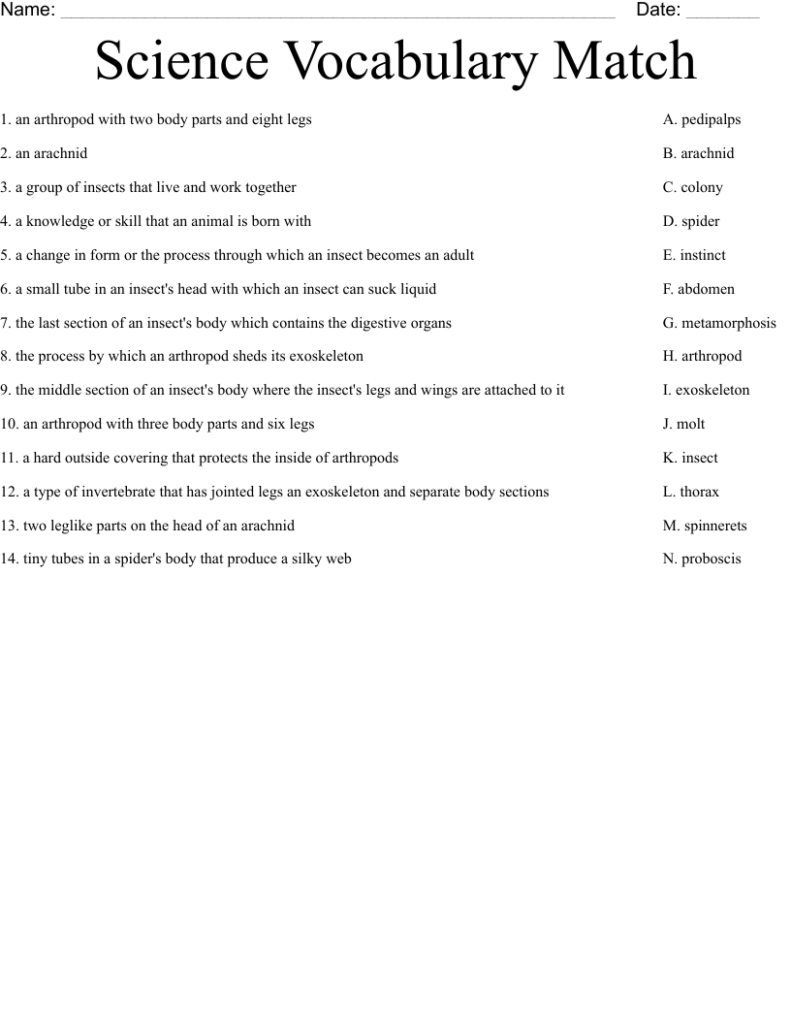 Science vocabulary matching worksheet with numbered definitions