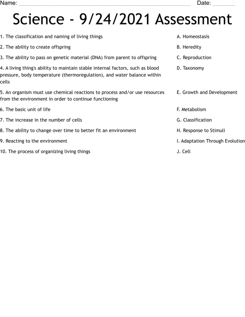 Science assessment worksheet with numbered biology definitions