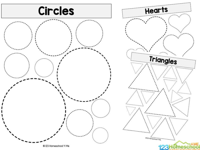 Printable worksheet of circles, hearts, and triangles shapes