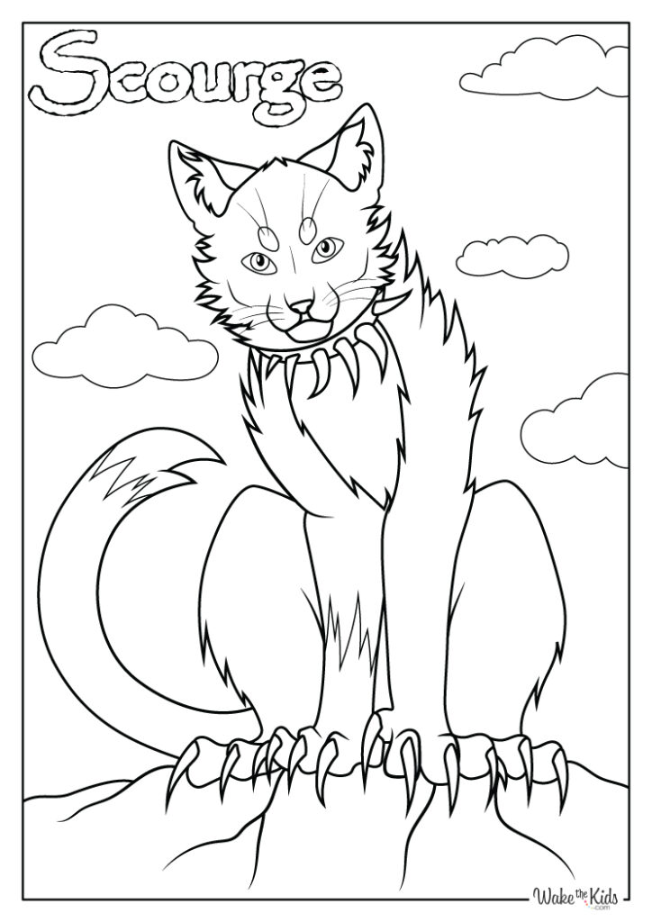 Line drawing of a cat labeled Scourge with clouds