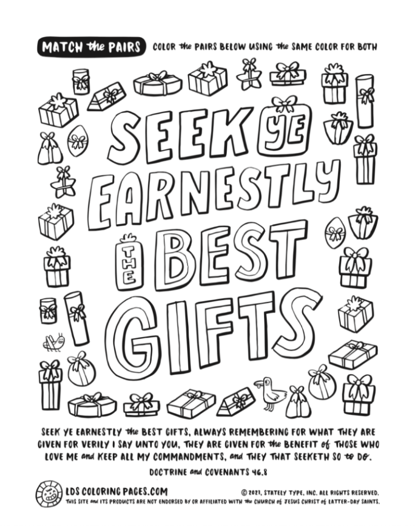 Black-and-white coloring page with gifts and scripture text