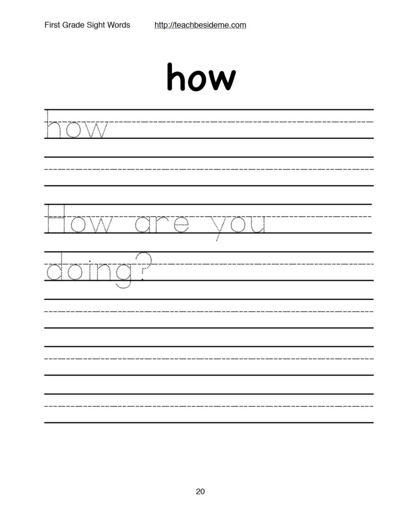 First grade sight words worksheet with “how” tracing lines
