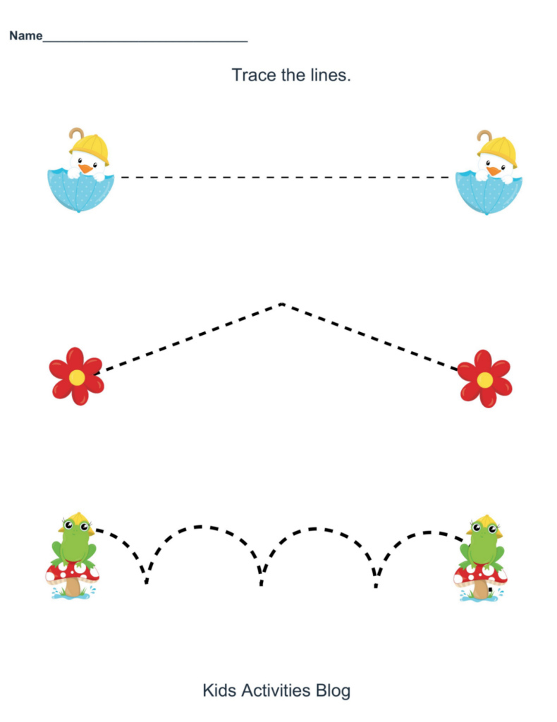 Kids tracing worksheet with dotted lines and cartoons