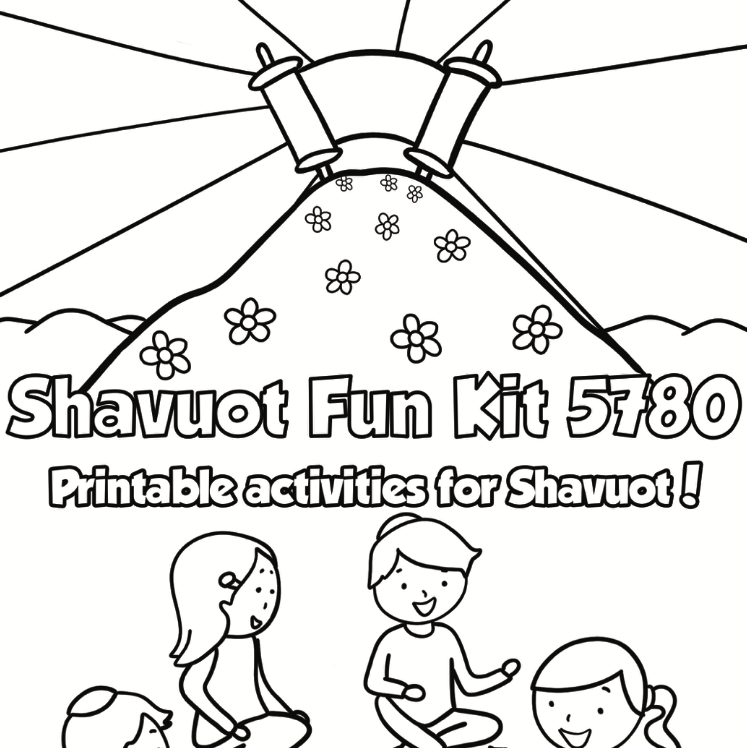 Shavuot coloring page with mountain, scrolls, and children
