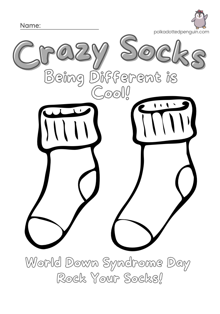 Coloring page with two mismatched socks and text