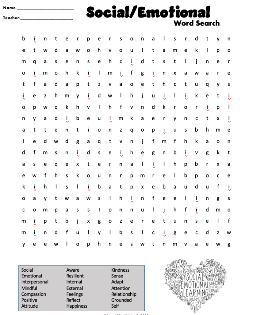 Social-emotional word search worksheet with answer key and heart graphic