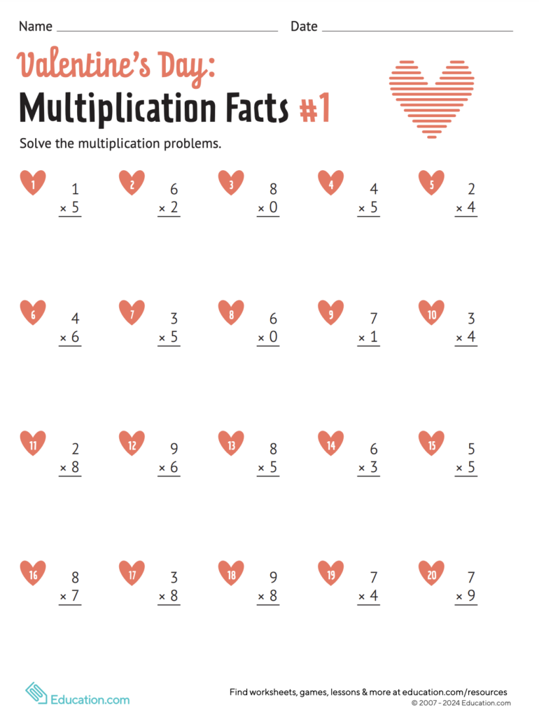 Valentine’s Day multiplication facts worksheet with heart icons