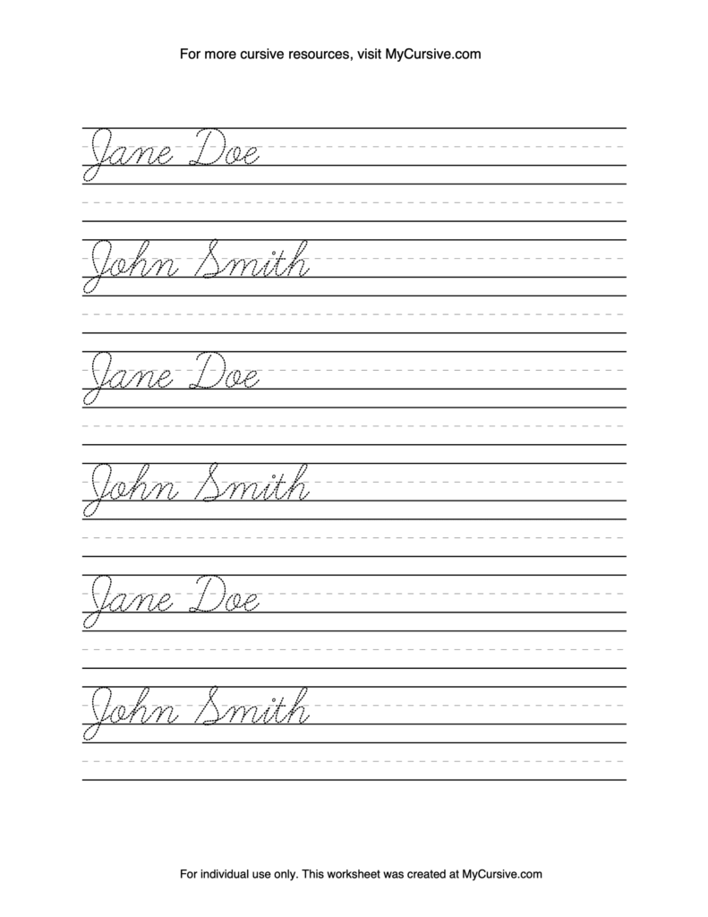Cursive handwriting worksheet with Jane Doe and John Smith lines