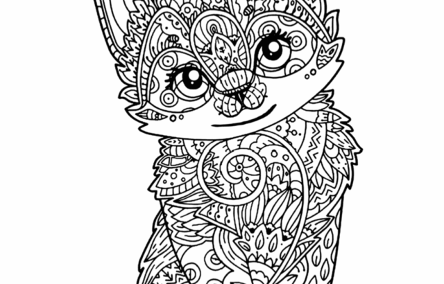 Intricate coloring page of a decorated fox