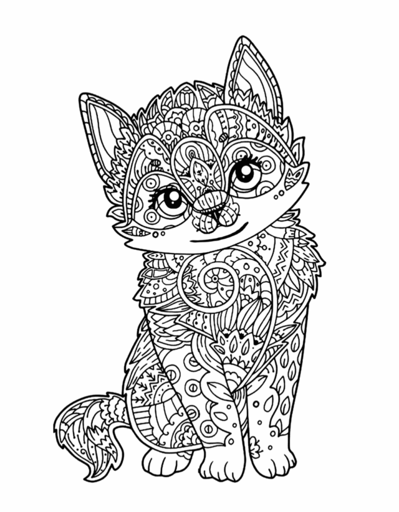 Intricate coloring page of a decorated fox