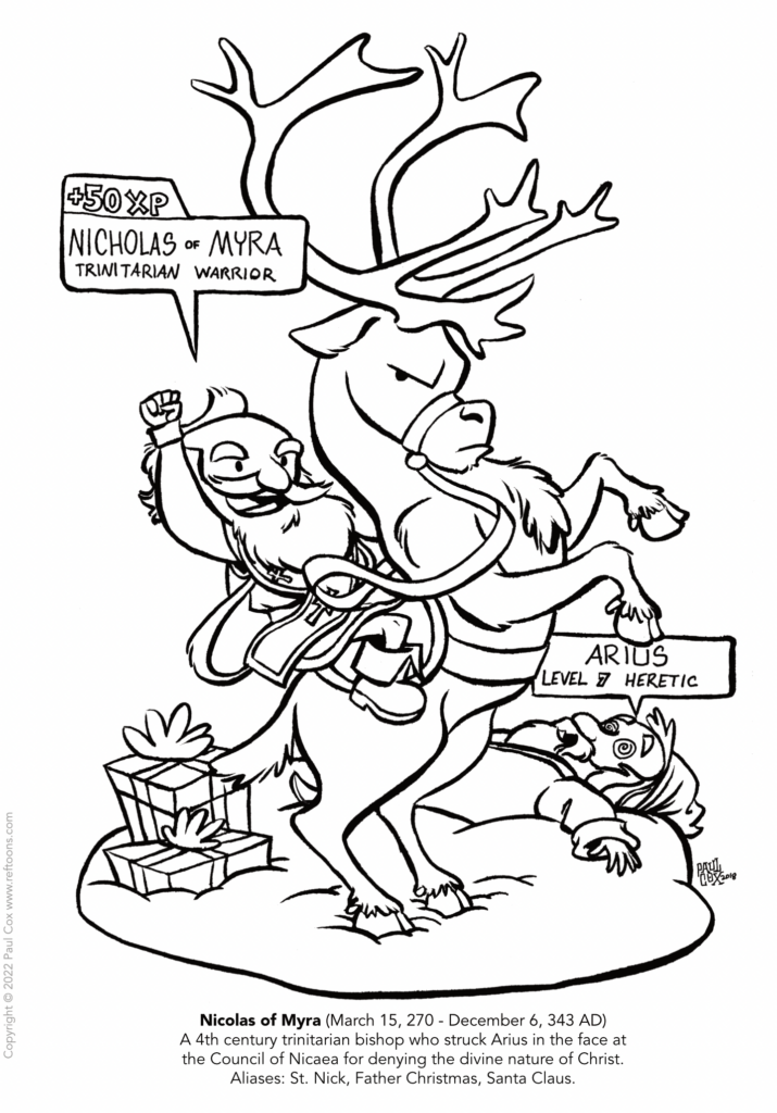 Black-and-white cartoon of Nicholas and Arius on a reindeer