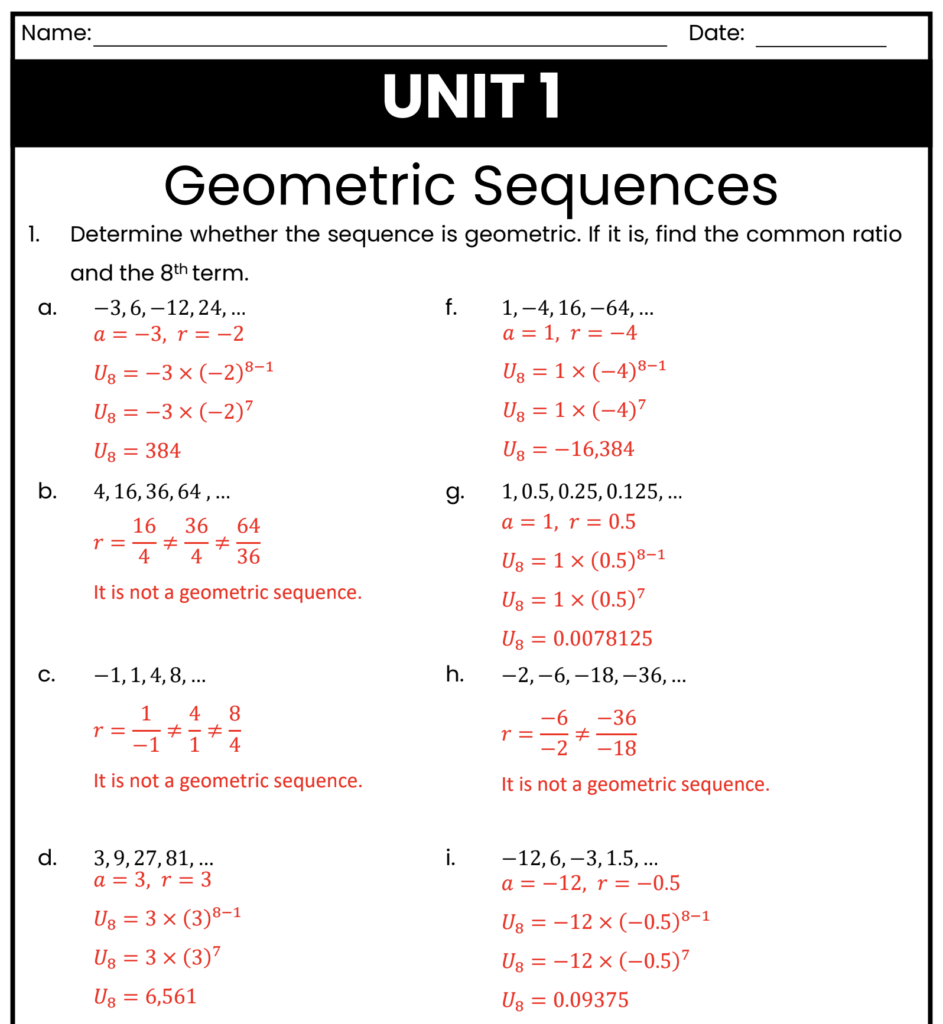 Geometric sequences worksheet with several numbered examples