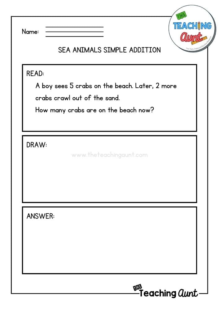 Sea animals simple addition worksheet with blank boxes