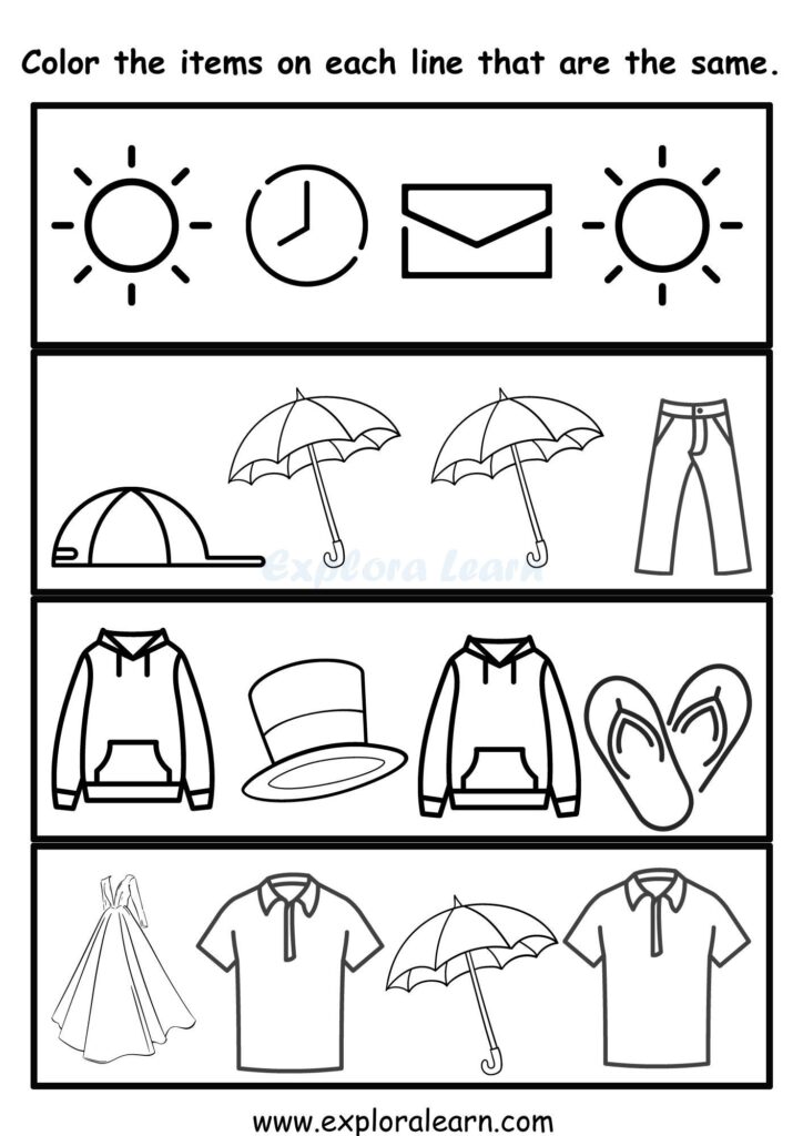 Season sorting worksheet with weather and clothing icons