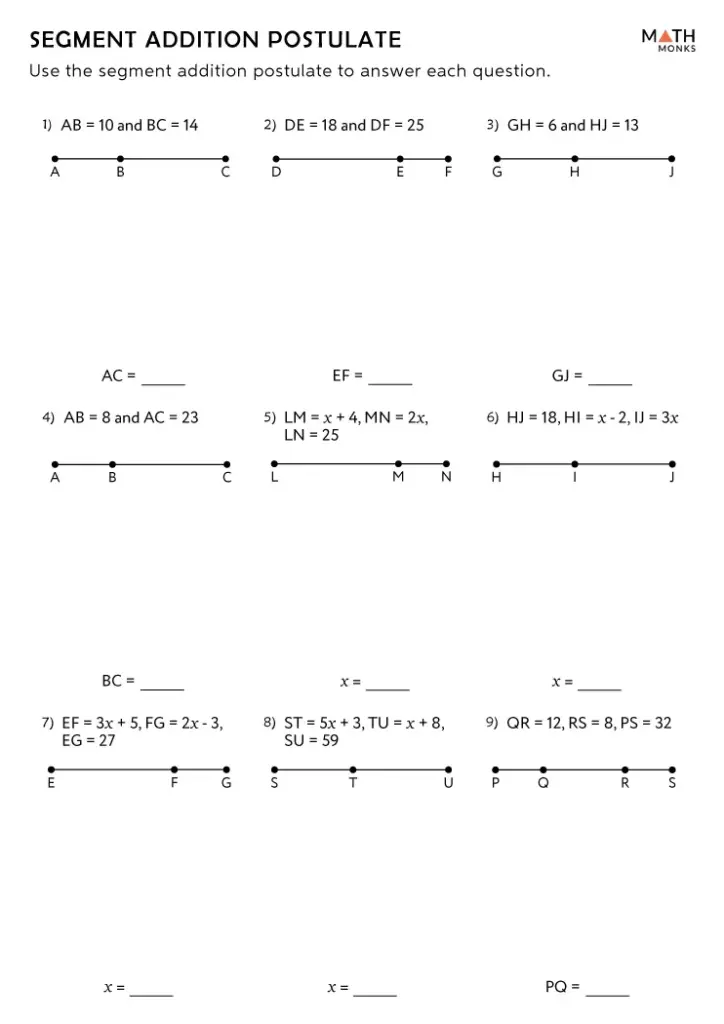 Segment addition postulate worksheet with nine geometry problems