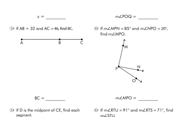 Segment and angle addition practice worksheet with diagrams