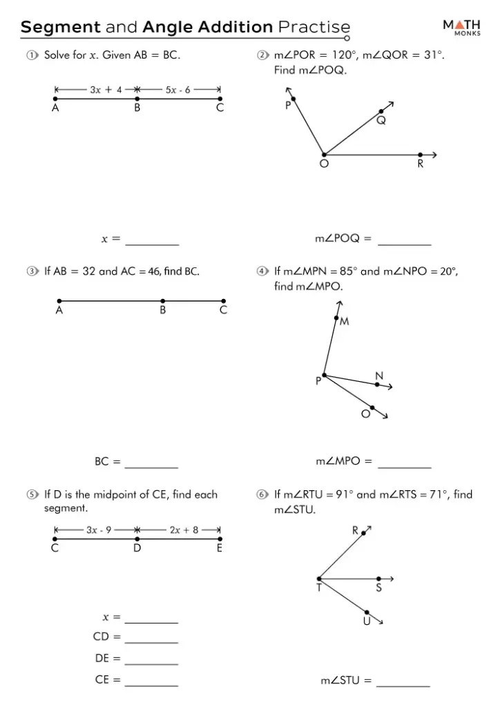 Segment and angle addition practice worksheet with diagrams