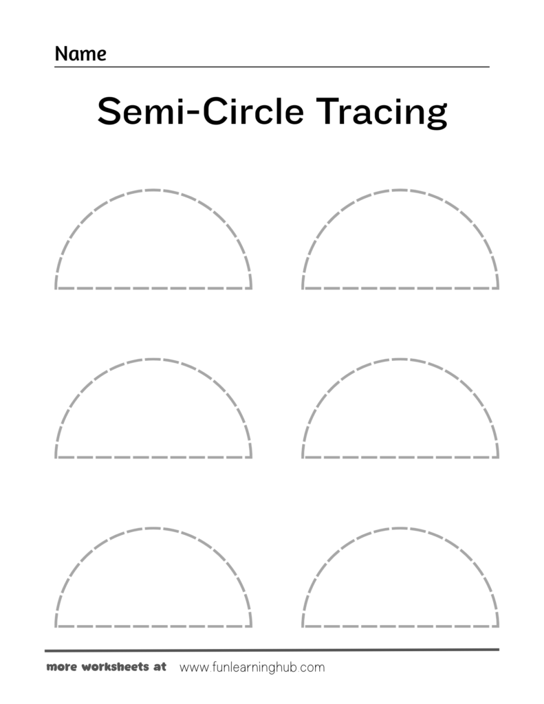 Semi-circle tracing worksheet with six dashed shapes