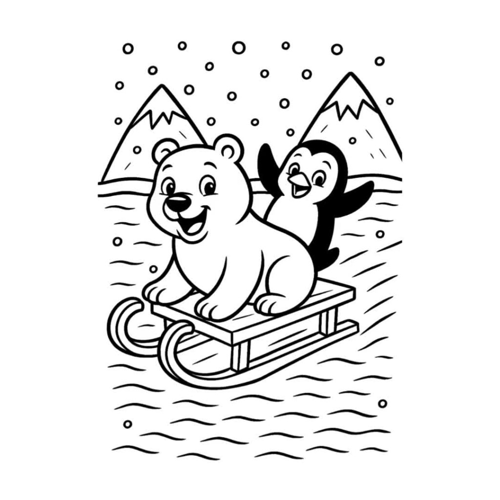 Cartoon bear and penguin riding a sled in snow
