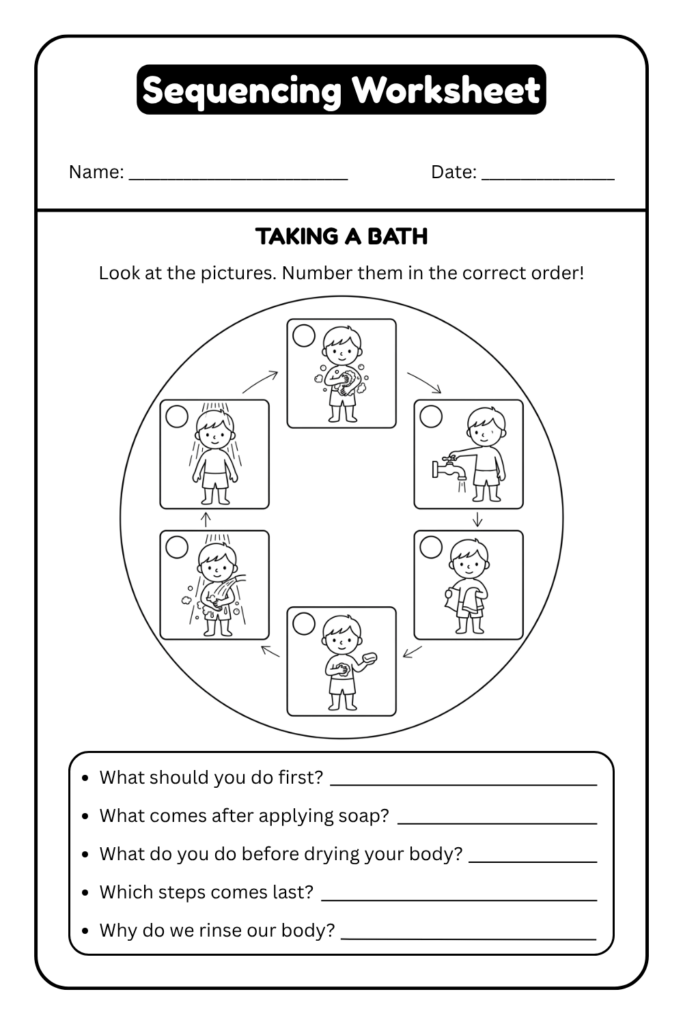 Bath sequencing worksheet with cartoon boy steps