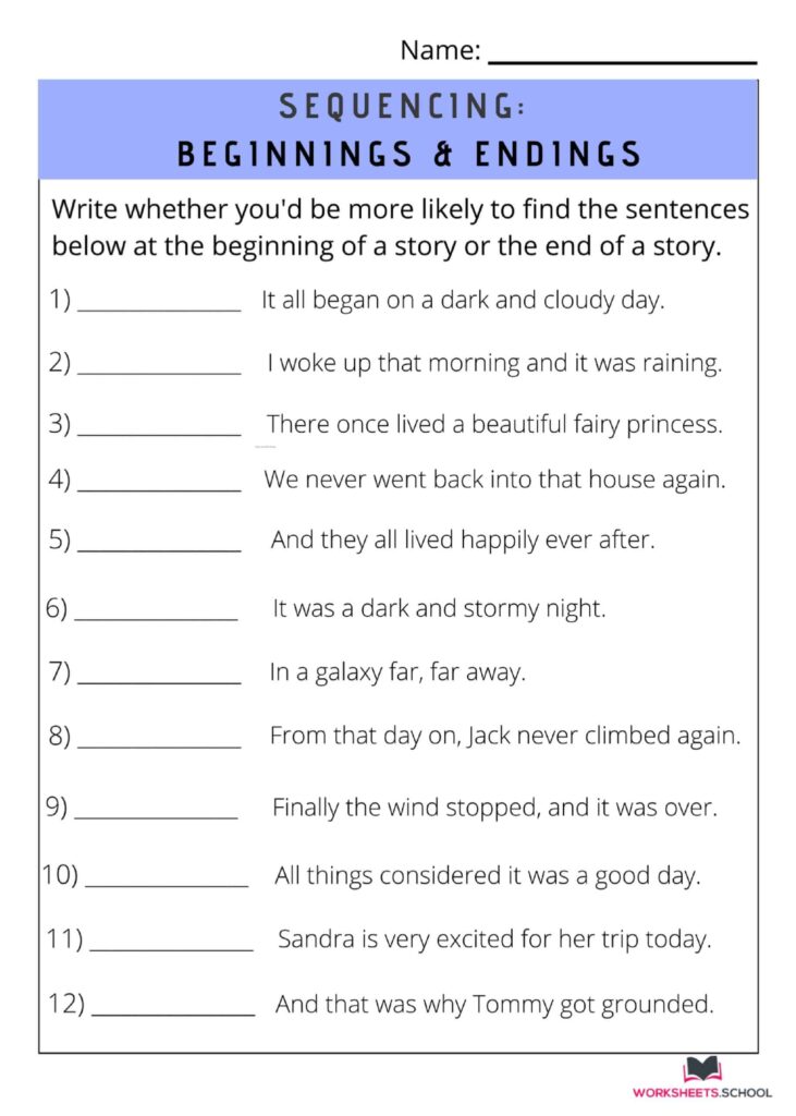 Sequencing beginnings and endings worksheet with twelve sentences