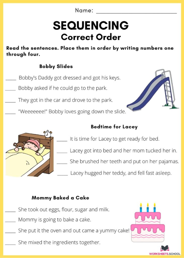 Sequencing worksheet with slide, bedtime, and cake illustrations