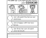 Reading comprehension sequencing worksheet with cartoon girl painting fence