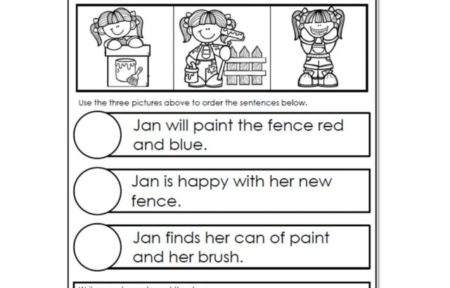 Reading comprehension sequencing worksheet with cartoon girl painting fence