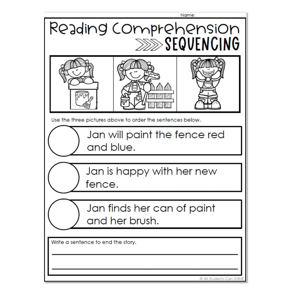 Reading comprehension sequencing worksheet with cartoon girl painting fence