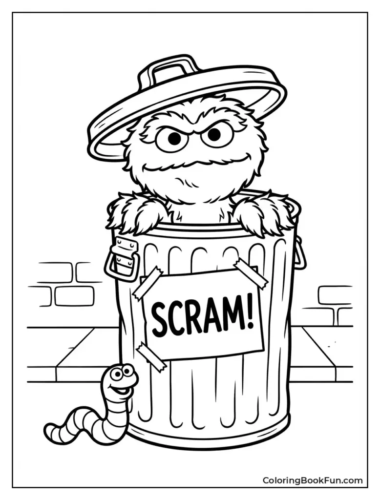 Black-and-white cartoon monster in a trash can, with worm